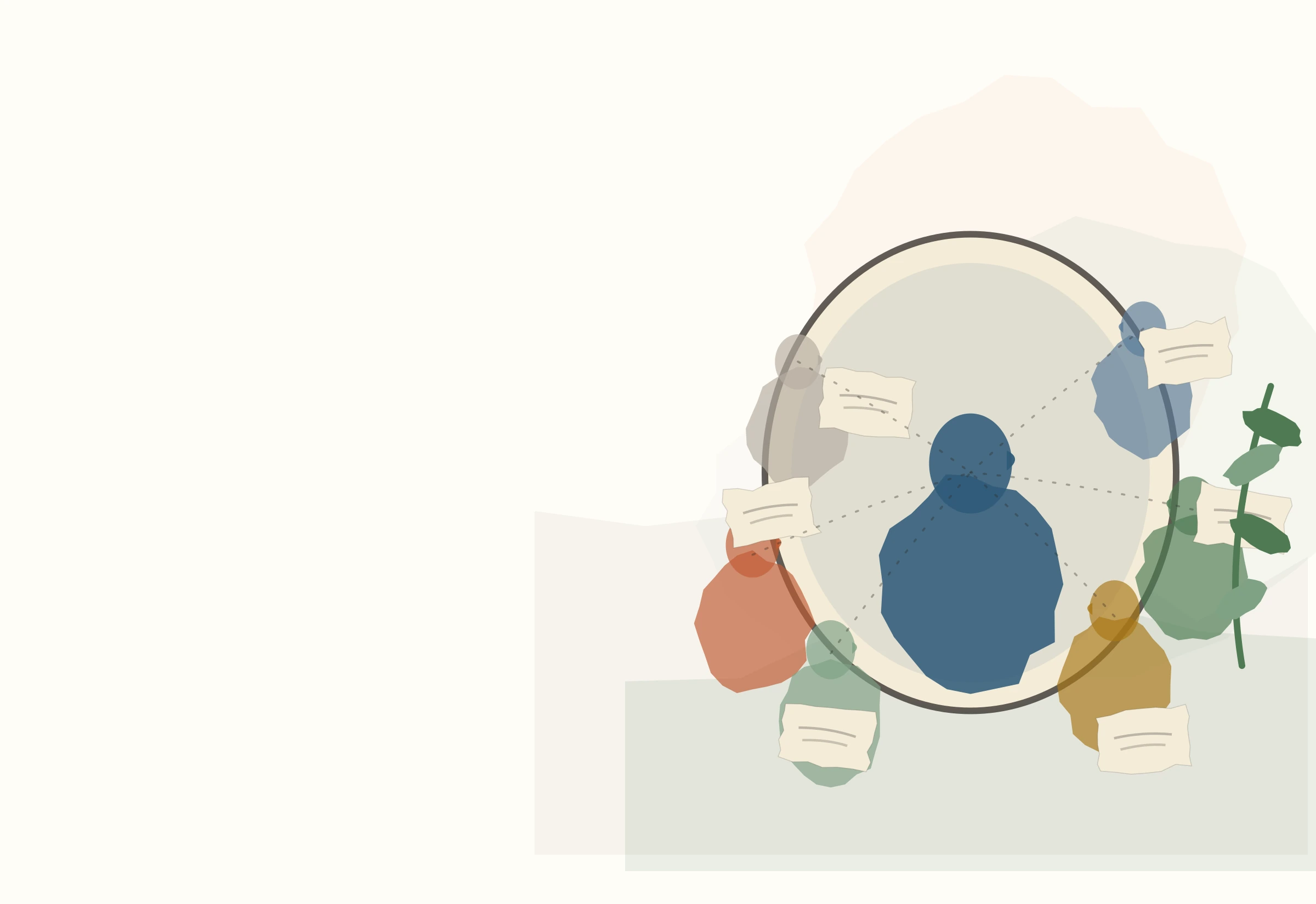 A circle of paper figures offer written reflections toward a central mirror