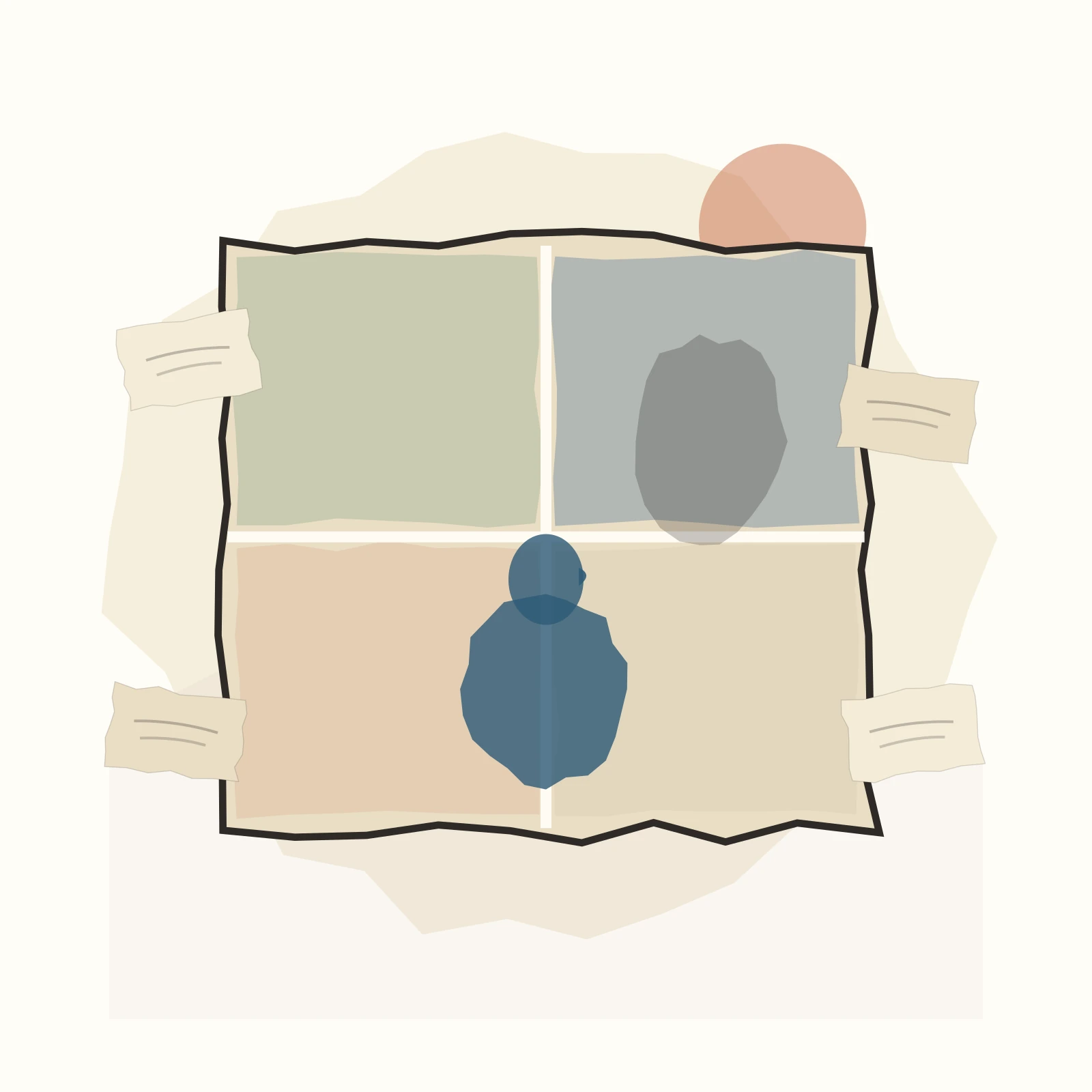 A person appears within a four-paned window, with some panes clearer than others
